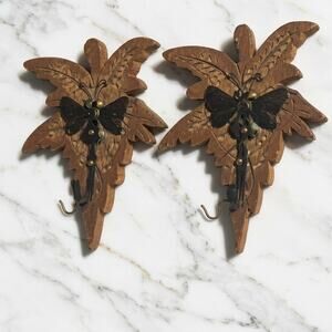 Rustic Wood Leaf Butterfly Wall Hooks Set Metal Butterfly Decor